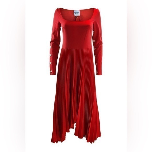 A.W.A.K.E. Mode Red Scoop Neck Pleated Fit and Flare Dress...